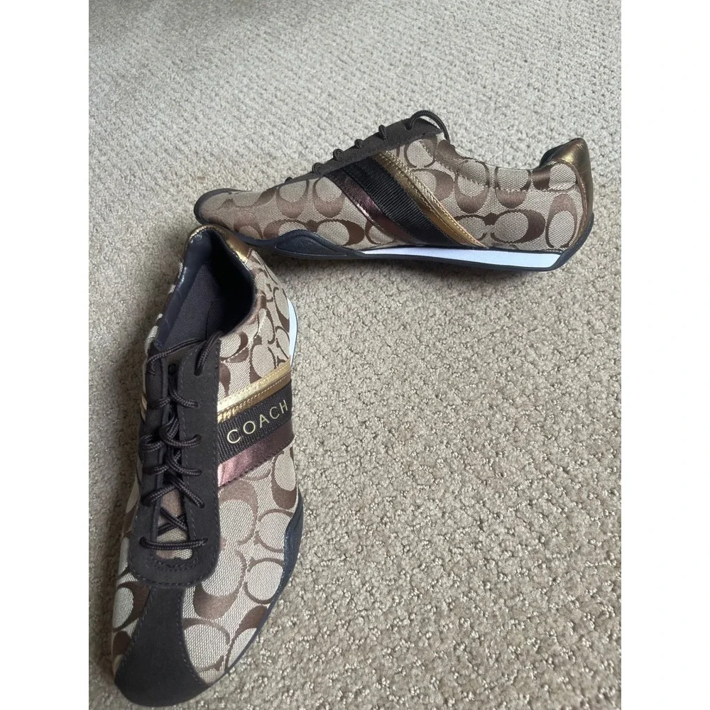 Coach Womens Signature Jacquard Sneakers Brown Gold Metallic Logo Shoes Low Top